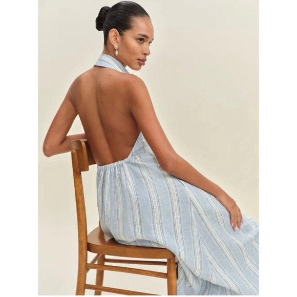 NWT Reformation Tace Linen Midi Dress Corsica Stripe Blue White 10 - Picture 4 of 15